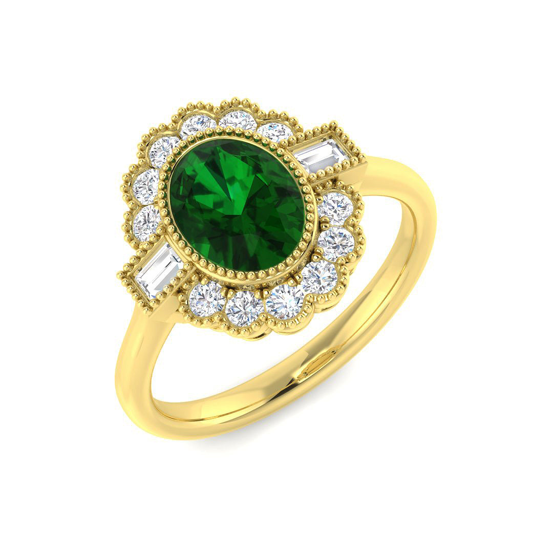 9ct Yellow Gold Baguette and Oval Emerald and Diamond Ring 1