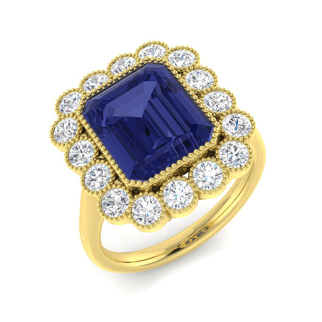 9ct Yellow Gold Emerald Cut Tanzanite and Diamond Ring 1