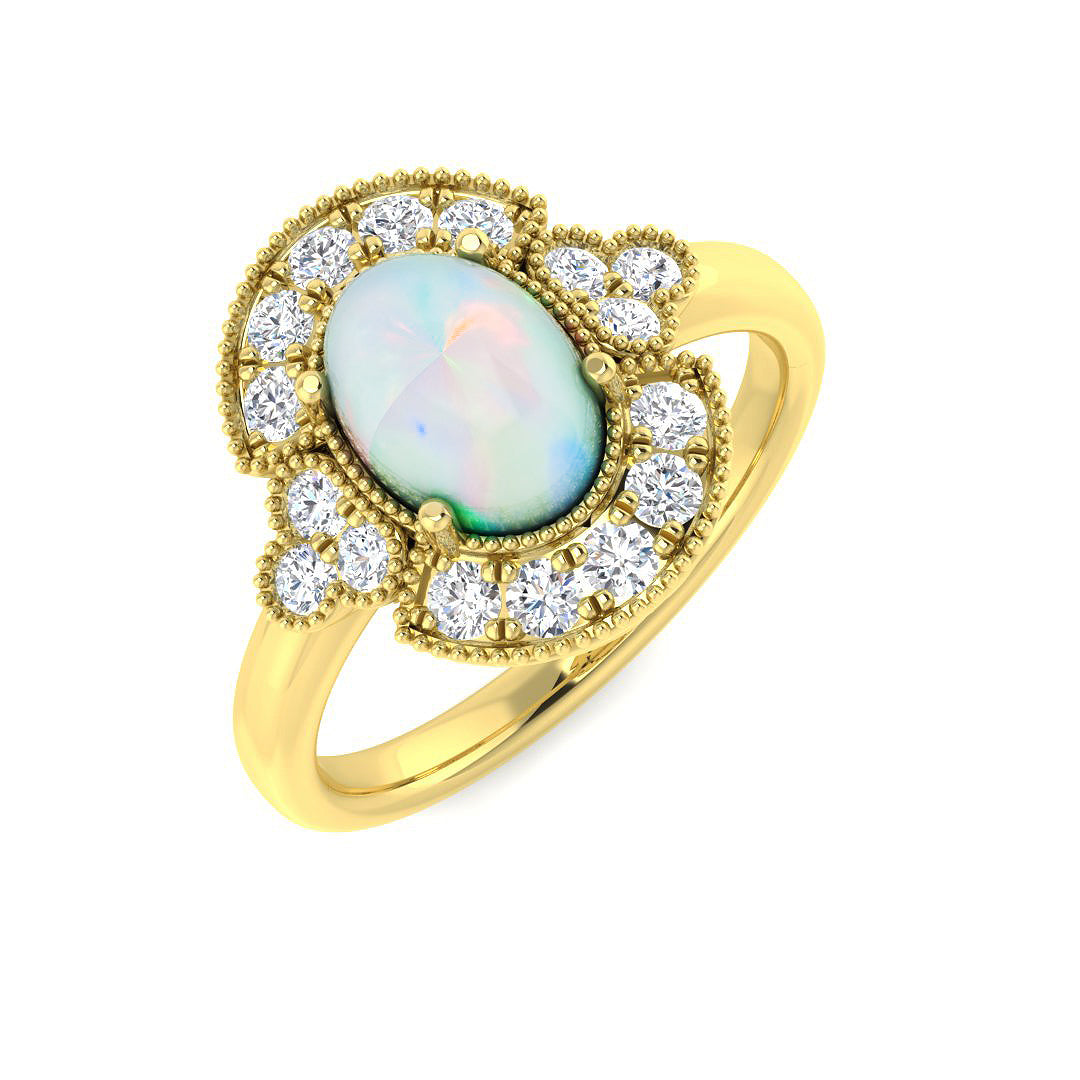 9ct Yellow Gold Oval Opal and Diamond Ring 1