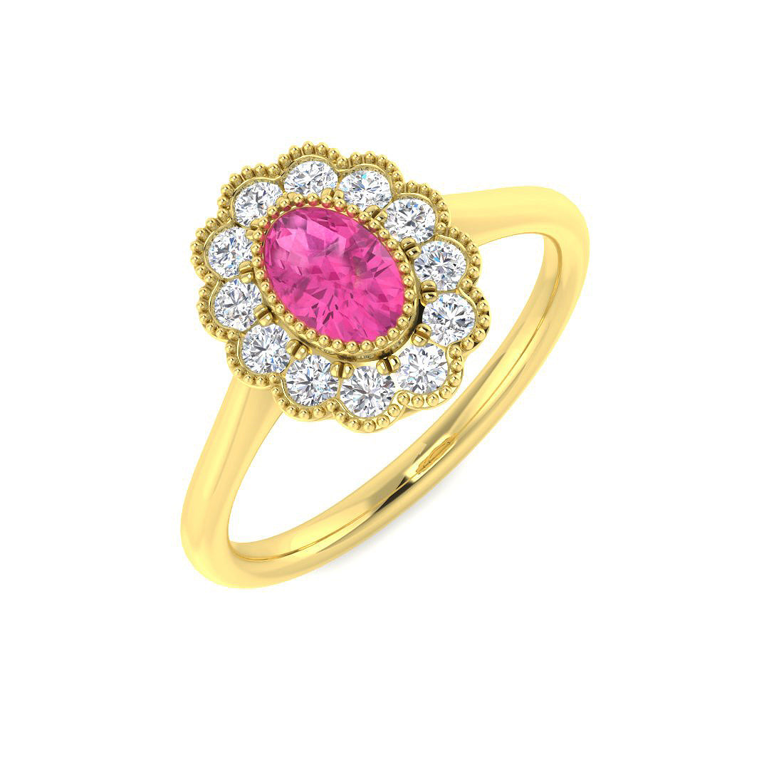 9ct Yellow Gold Oval Pink Sapphire and Diamond Ring 1