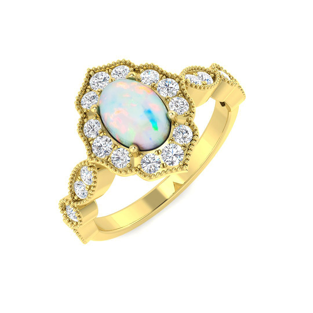 9ct Yellow Gold Oval Opal and Diamond Ring 1