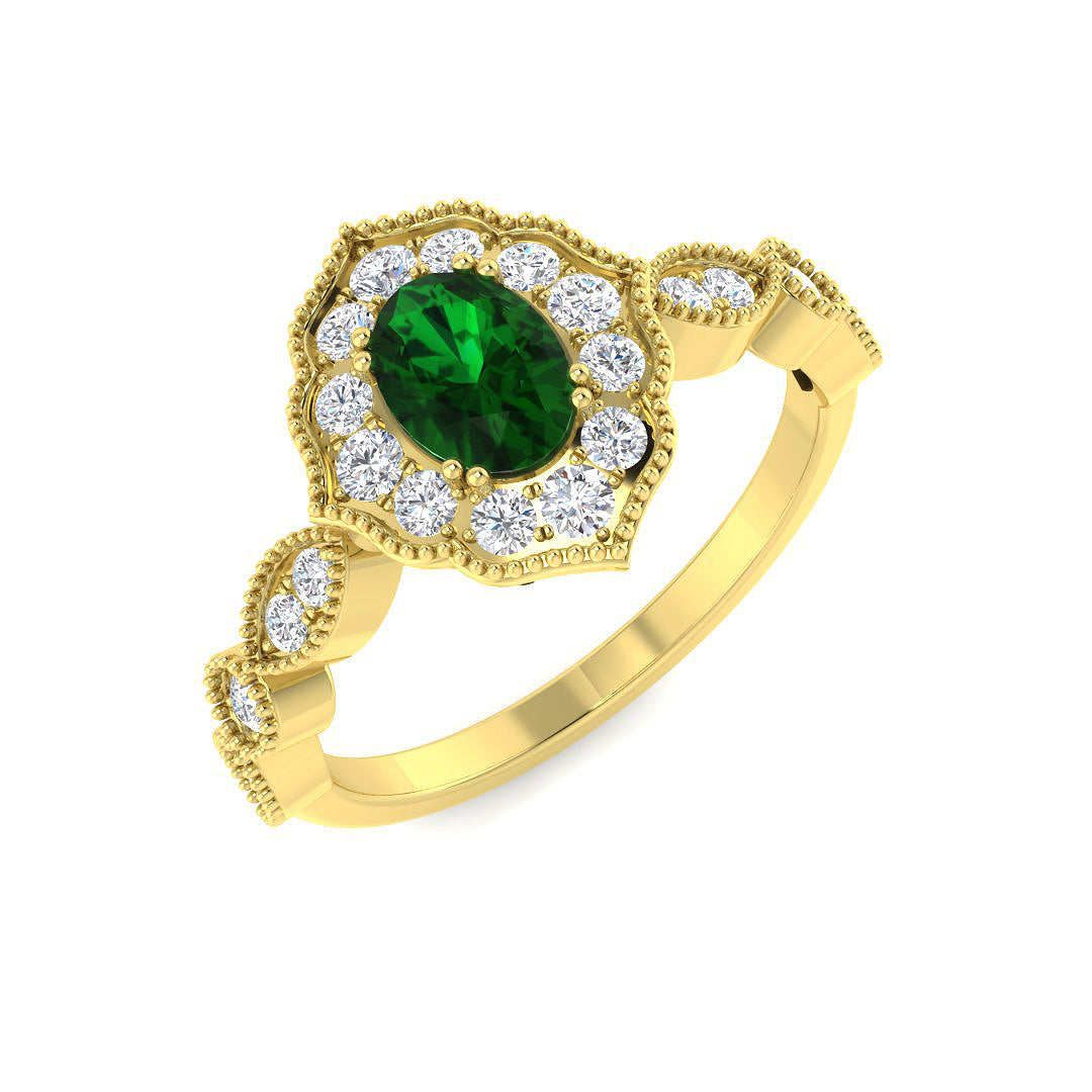 9ct Yellow Gold Oval Emerald and Diamond Ring 1