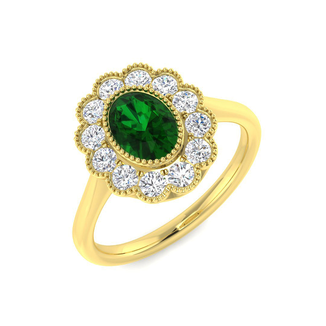 18ct Yellow Gold Oval Emerald and Diamond Ring 1