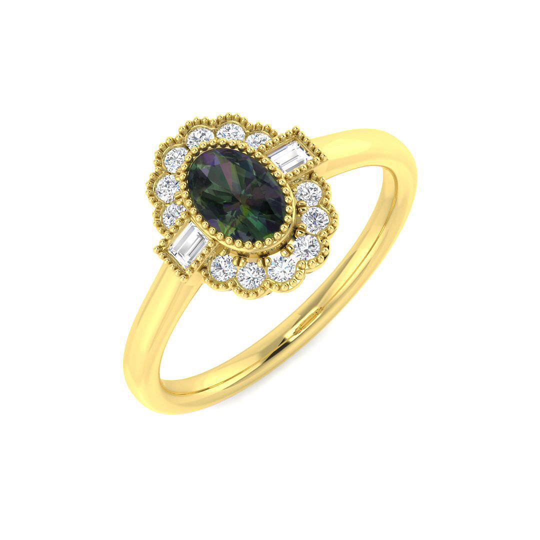9ct Yellow Gold Baguette and Oval Teal Sapphire and Diamond Ring 1