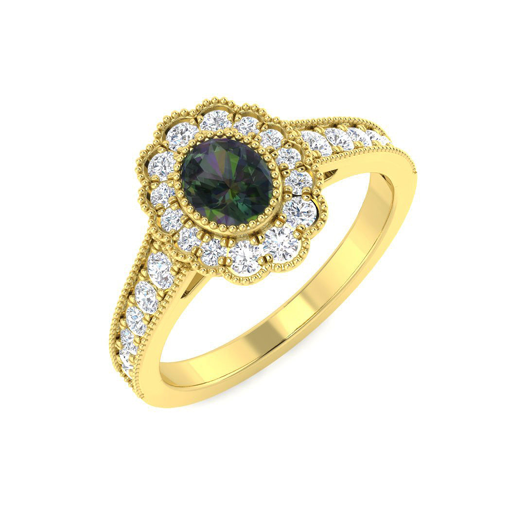 9ct Yellow Gold Oval Teal Sapphire and Diamond Ring 1