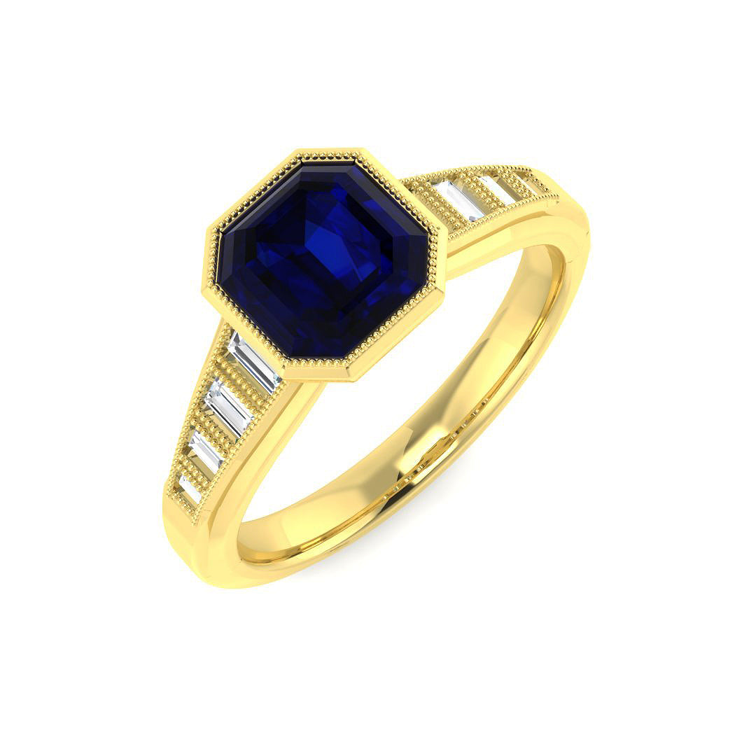 18ct Yellow Gold Baguette and Emerald Cut Blue Sapphire and Diamond Ring 1