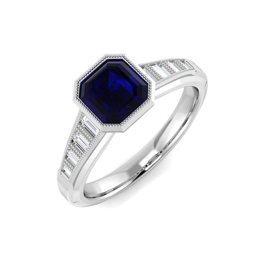 Platinum Baguette and Emerald Cut Blue Sapphire and Diamond Ring 1