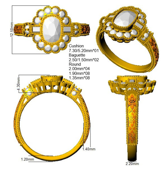 9ct Yellow Gold Baguette and Cushion Cvd Old Cut and Lab Grown Diamond Ring 3