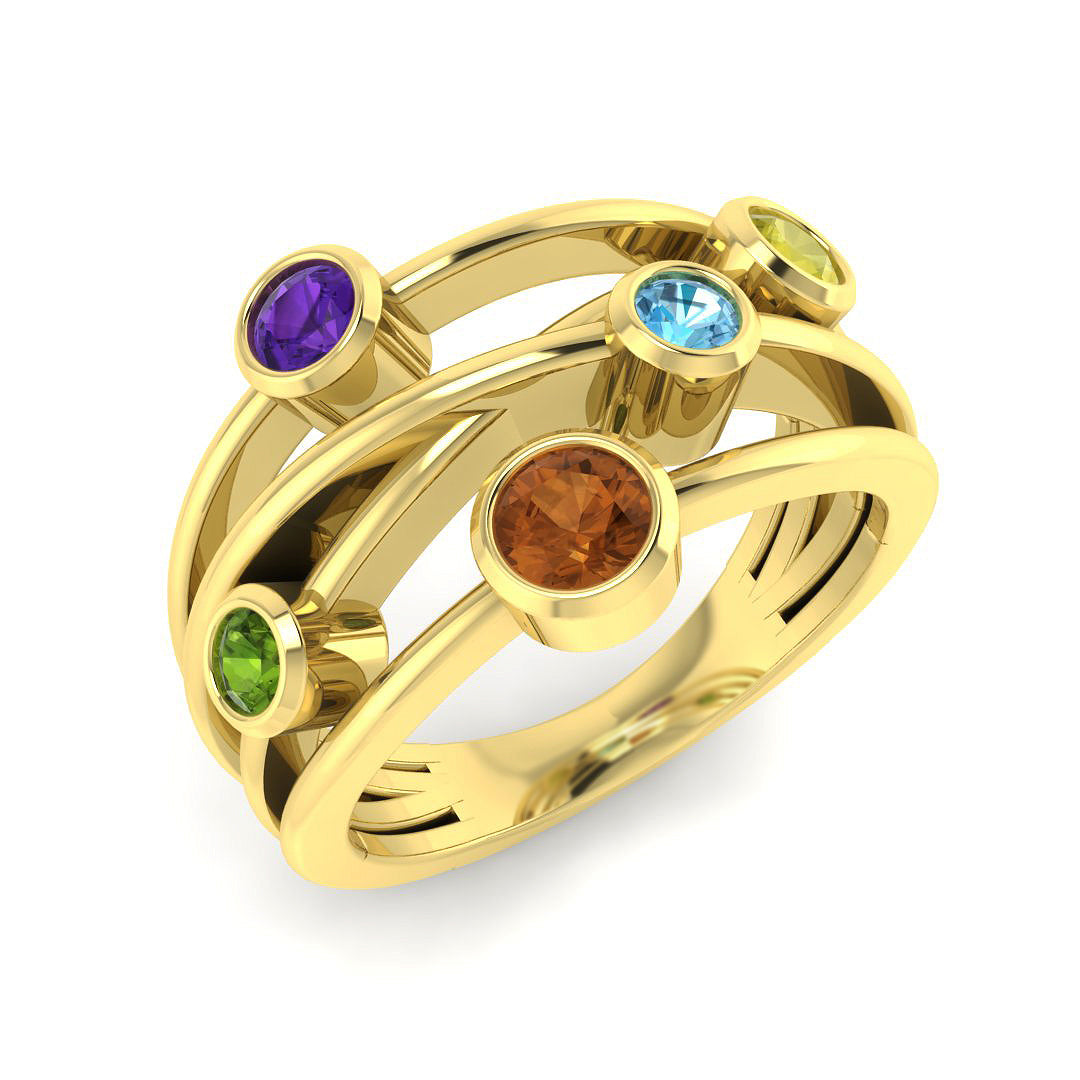 9ct Yellow Gold Round Amethyst and Citrine and Peridot and Sky Blue Topaz and Tsavorite Ring 1