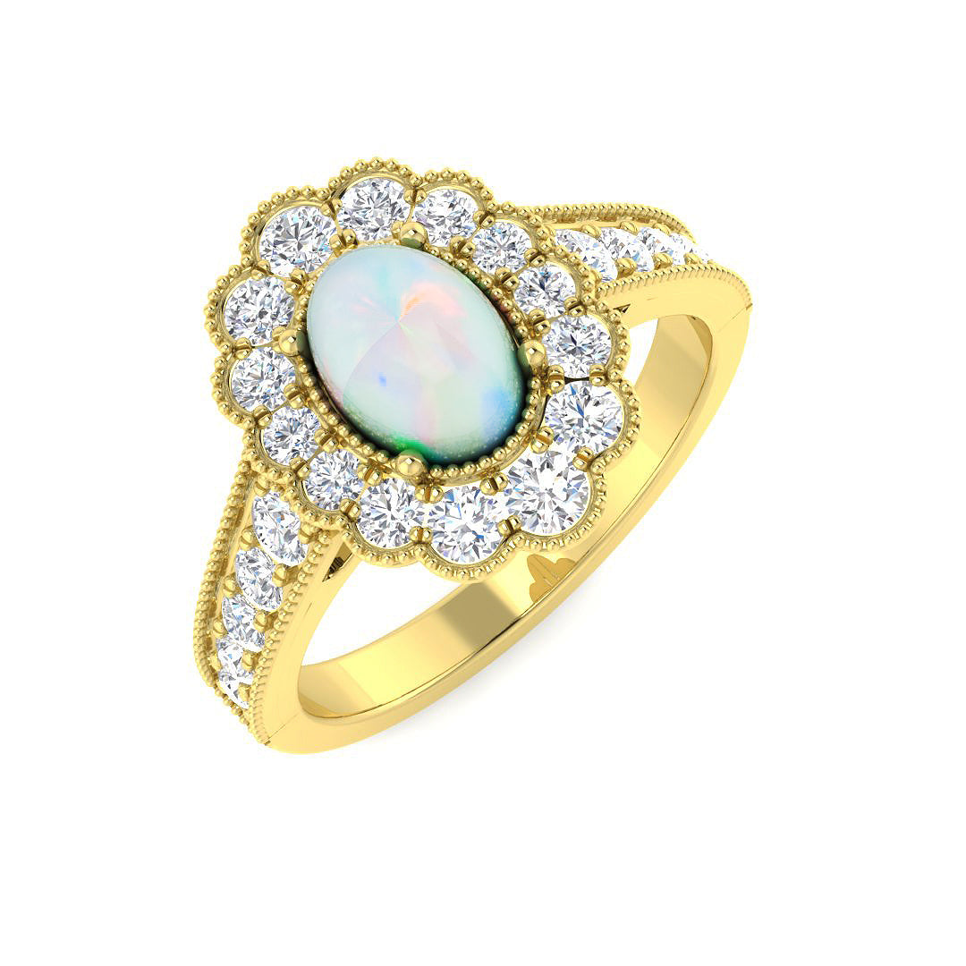 9ct Yellow Gold Oval Opal and Diamond Ring 1