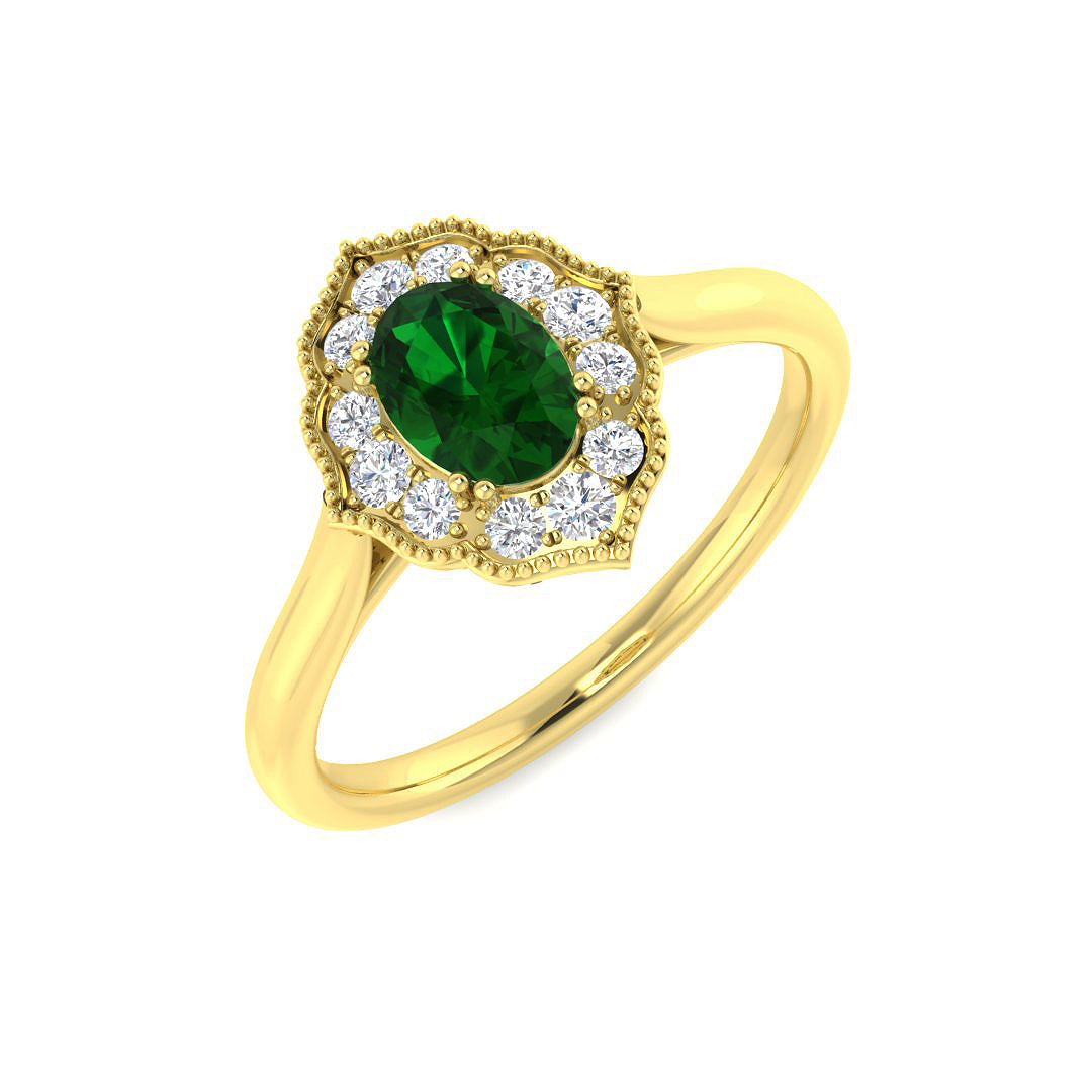 9ct Yellow Gold Oval Emerald and Diamond Ring 1