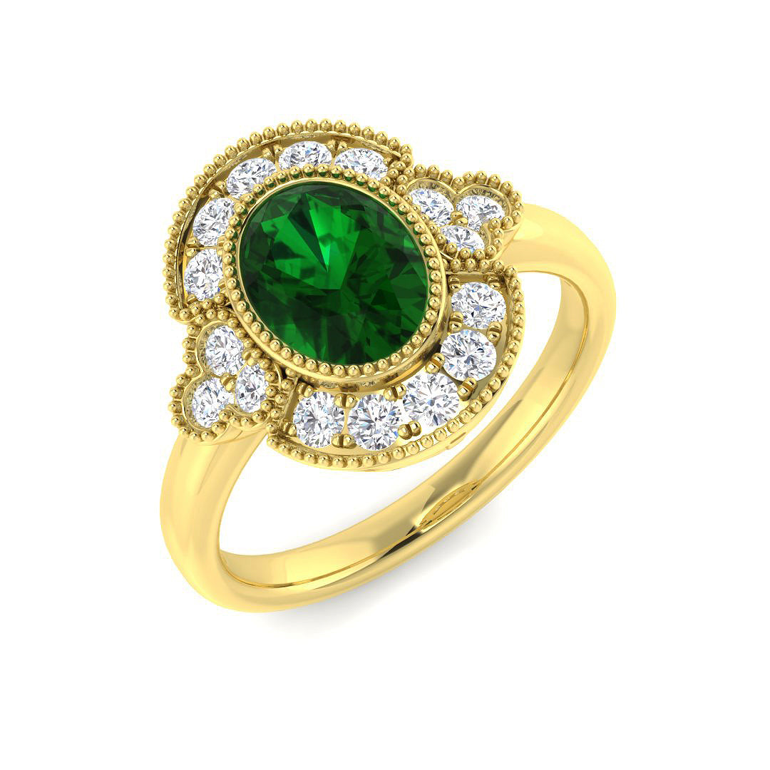18ct Yellow Gold Oval Emerald and Diamond Ring 1