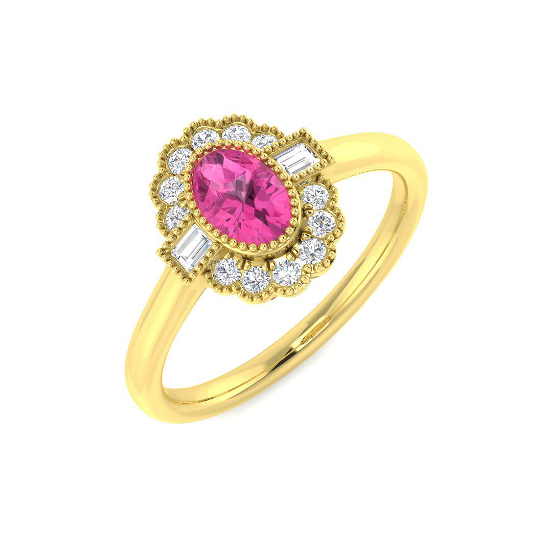 9ct Yellow Gold Baguette and Oval Pink Sapphire and Diamond Ring 1