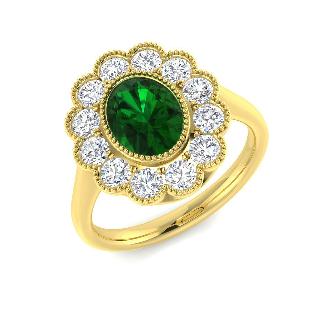 18ct Yellow Gold Oval Emerald and Diamond Ring 1