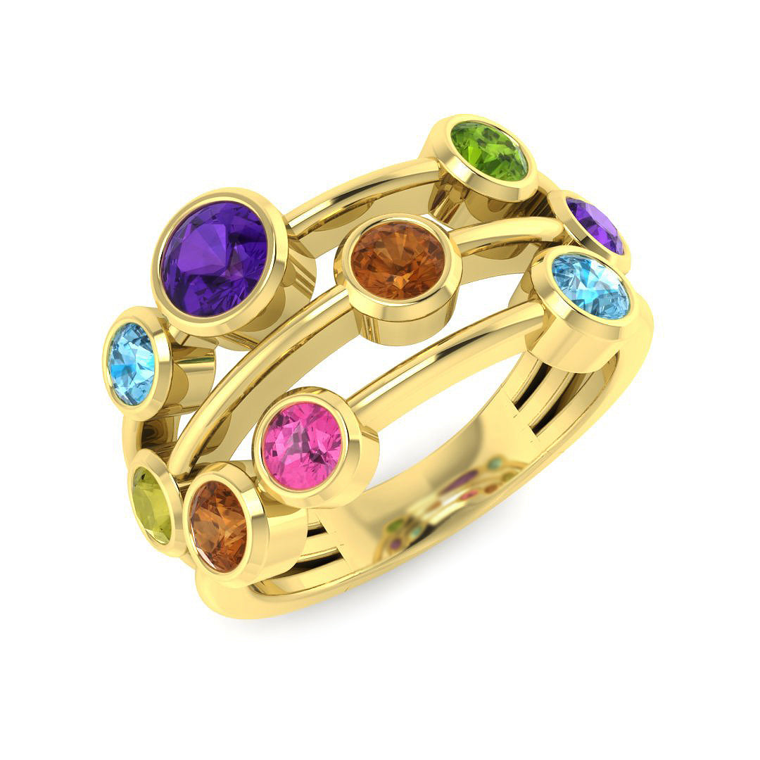 9ct Yellow Gold Round Amethyst and Citrine and Peridot and Pink Sapphire and Sky Blue Topaz and Tsavorite Ring 1
