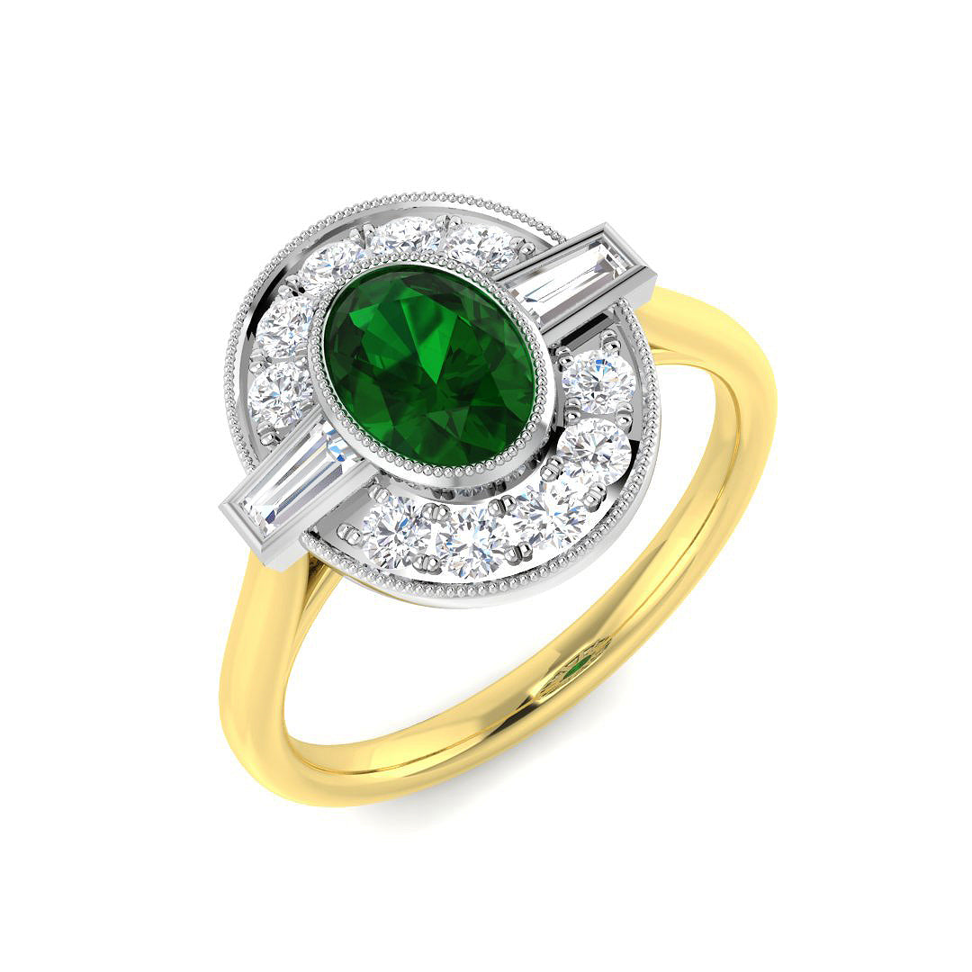18ct Two Tone Baguette and Oval Emerald and Diamond Ring 1