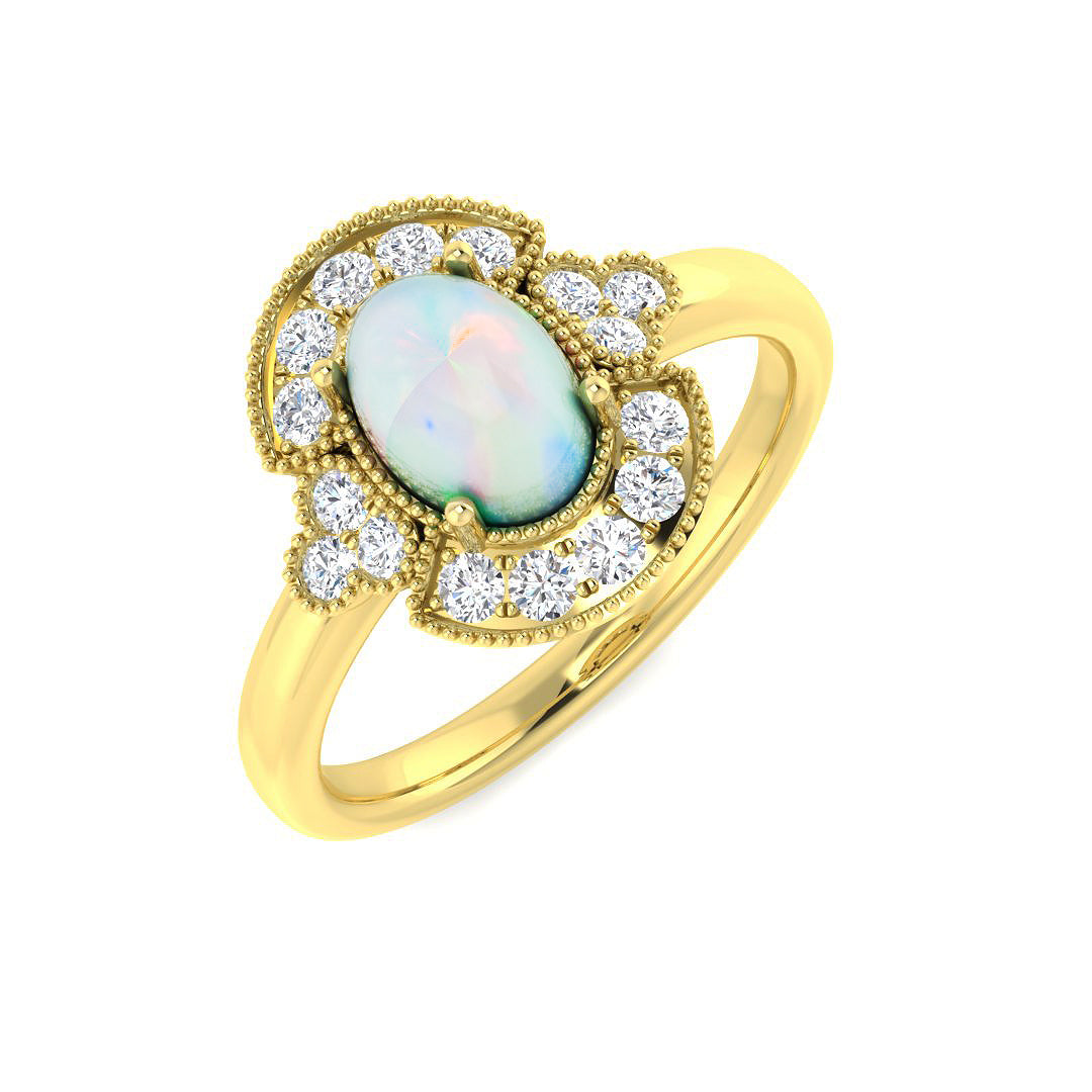 9ct Yellow Gold Oval Opal and Diamond Ring 1