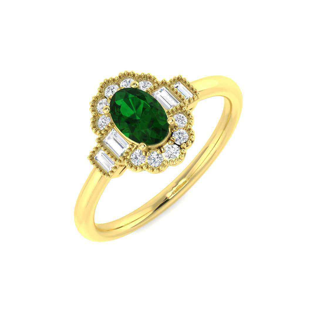 18ct Yellow Gold Baguette and Oval Emerald and Diamond Ring 1