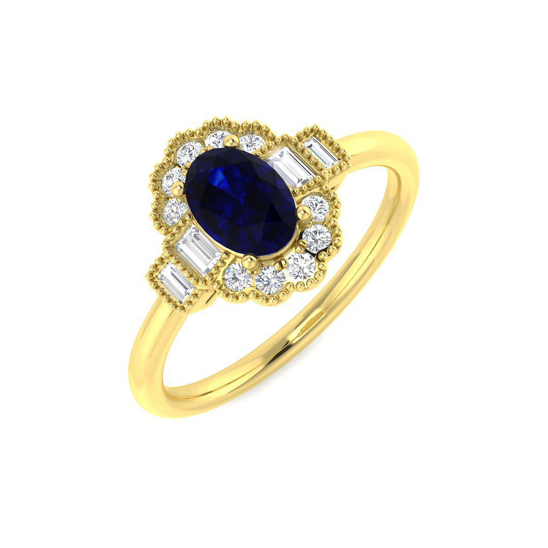 9ct Yellow Gold Baguette and Oval Blue Sapphire and Diamond Ring 1