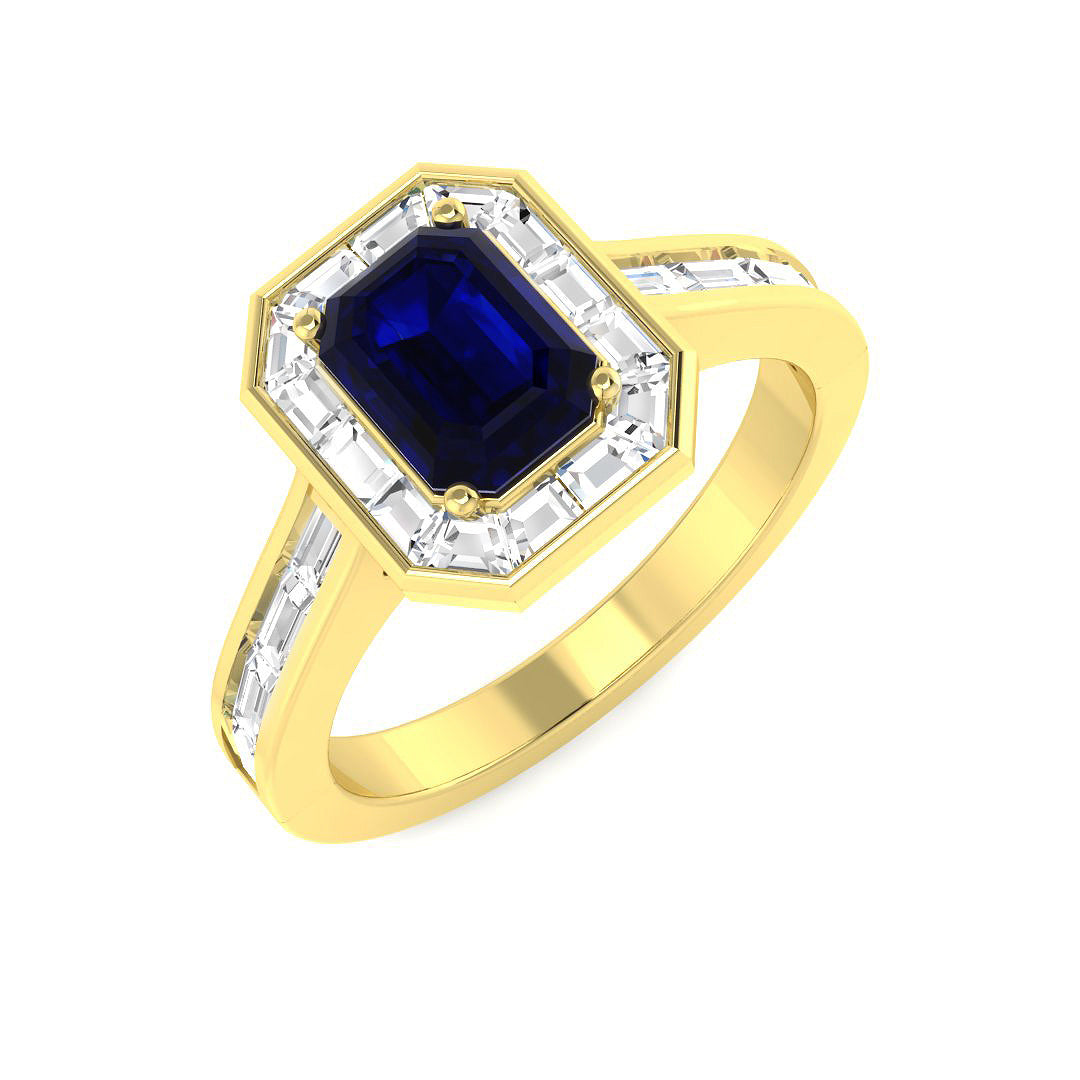 9ct Yellow Gold Baguette and Emerald Cut Blue Sapphire and Diamond Ring 1