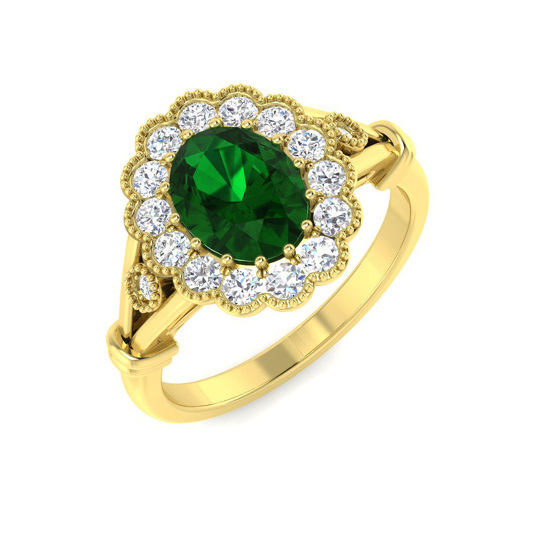 9ct Yellow Gold Oval Emerald and Diamond Ring 1