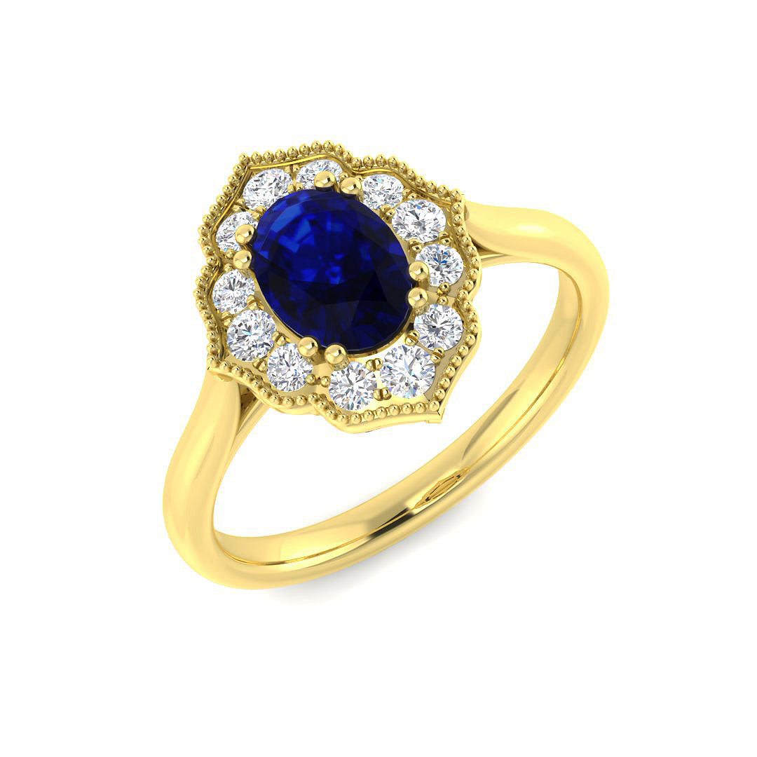 9ct Yellow Gold Oval Blue Sapphire and Diamond Ring 1