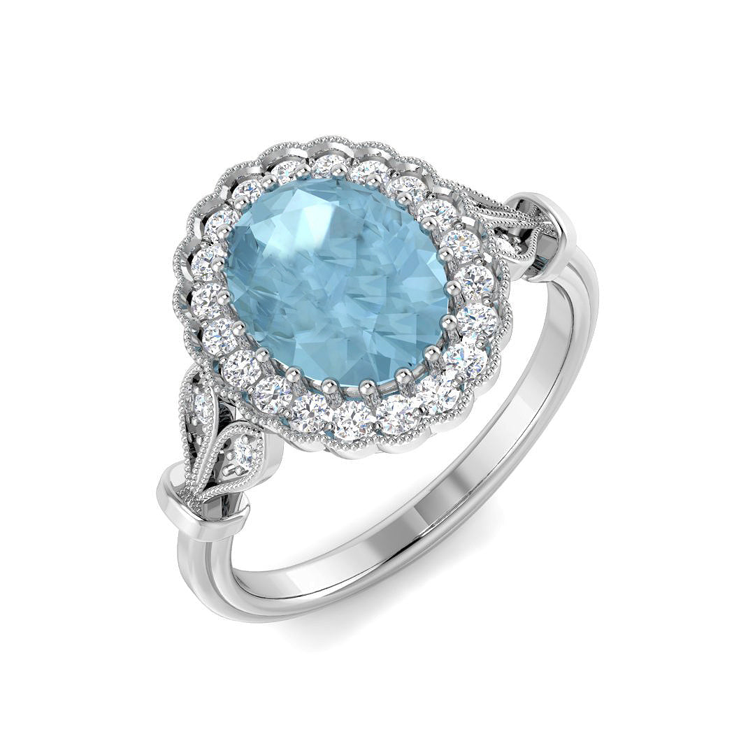 9ct White Gold Oval Aquamarine and Diamond Ring 1