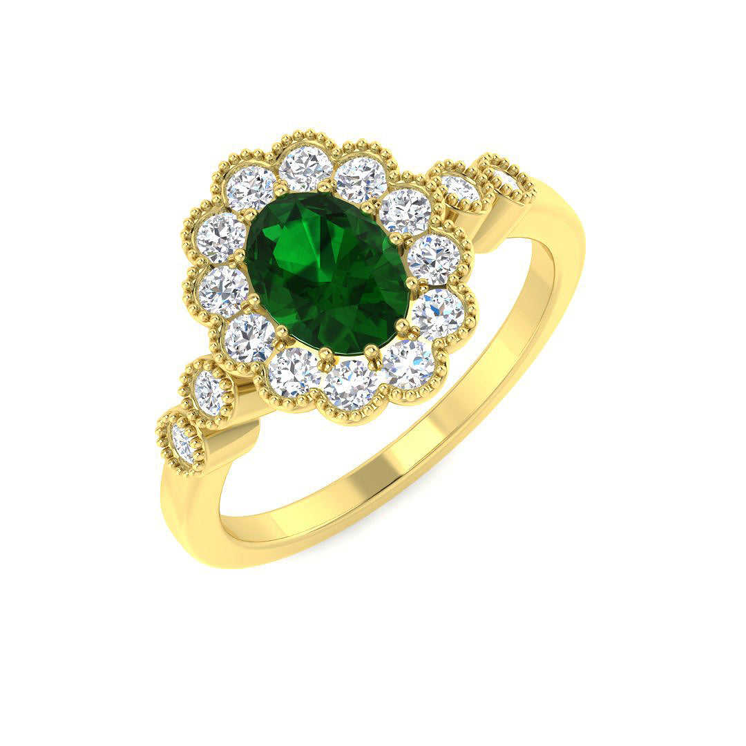 9ct Yellow Gold Oval Emerald and Diamond Ring 1