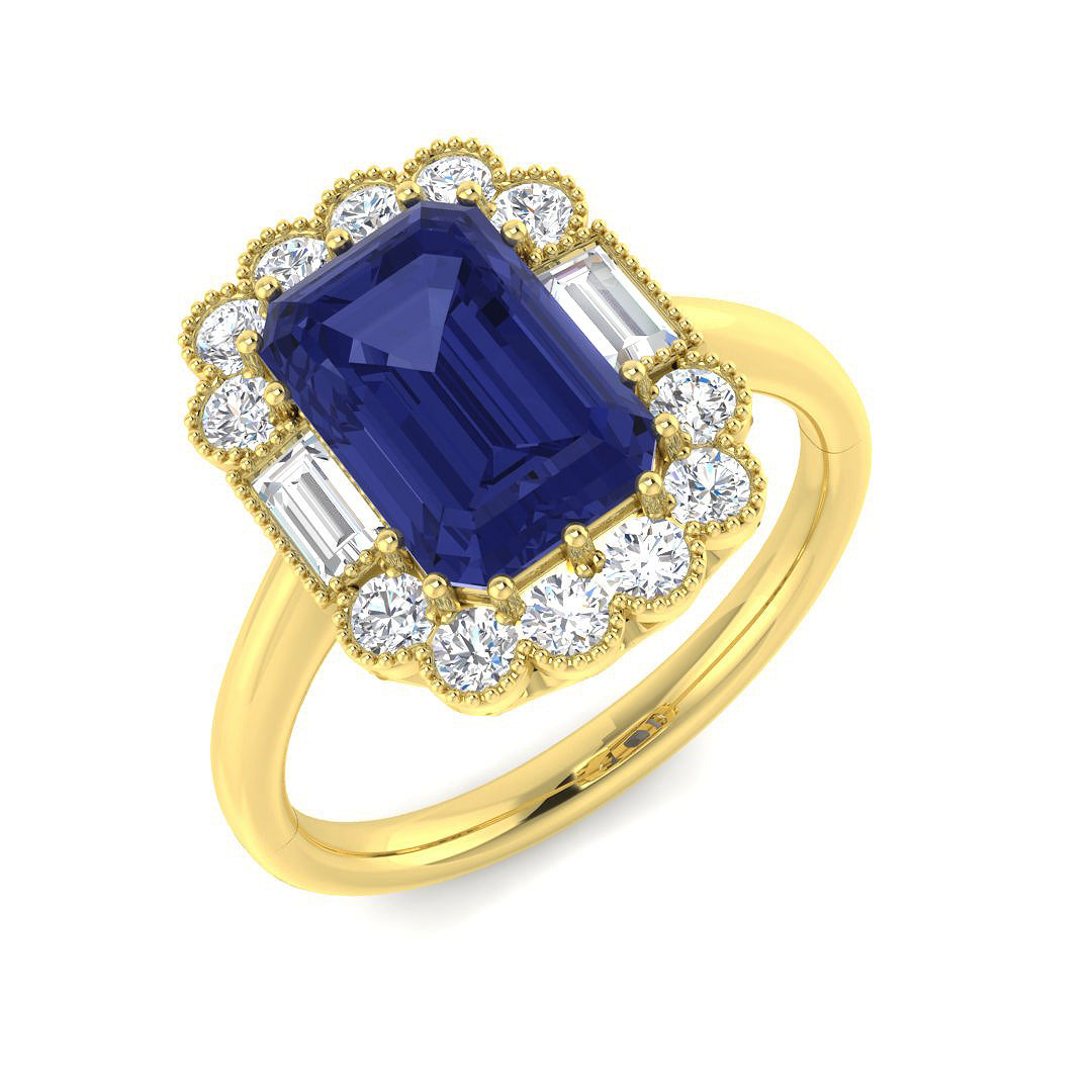 9ct Yellow Gold Baguette and Emerald Cut Tanzanite and Diamond Ring 1