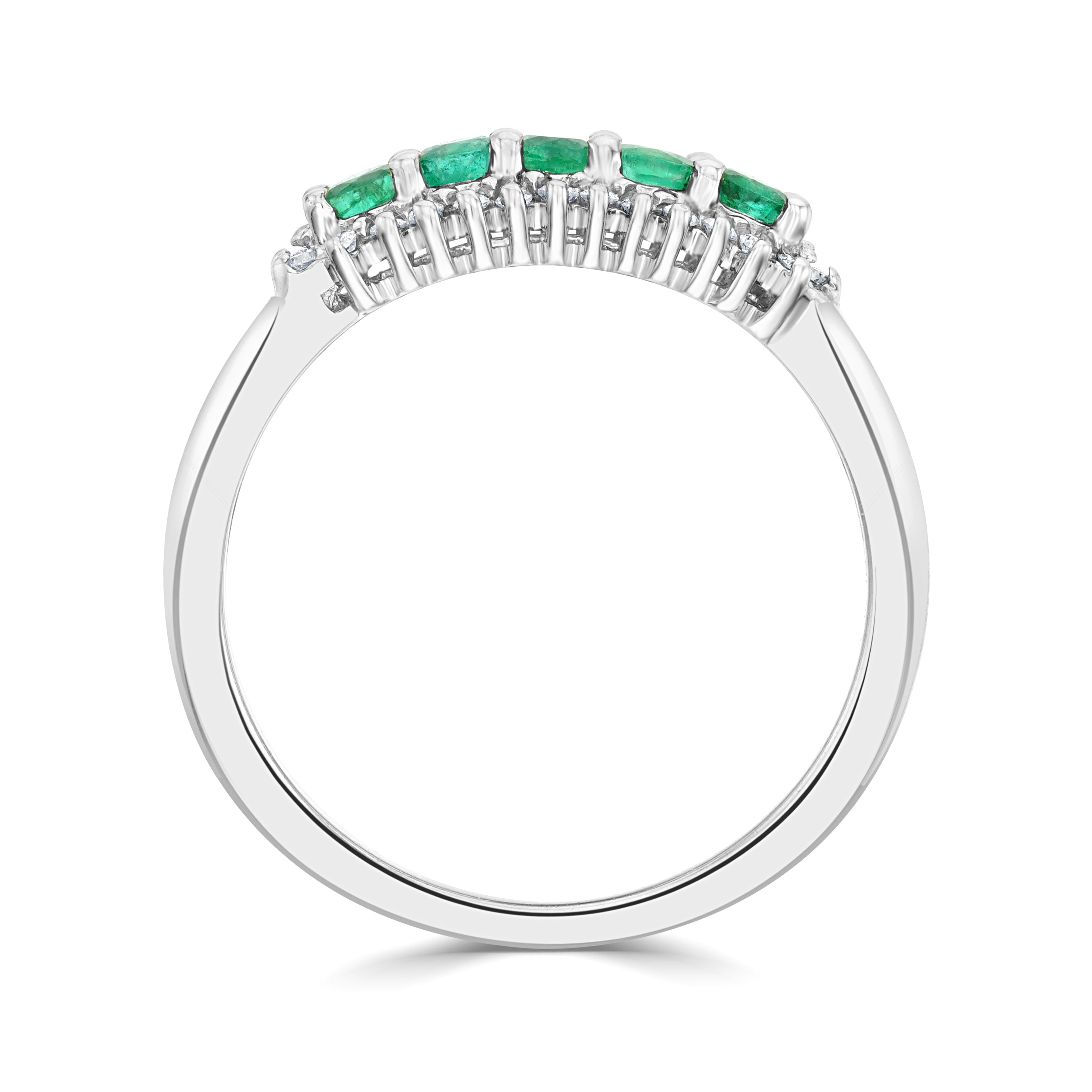 9CT WG ROUND EMERALD AND ROUND DIAMOND 3 ROW CLAW SET BAND RING. 1