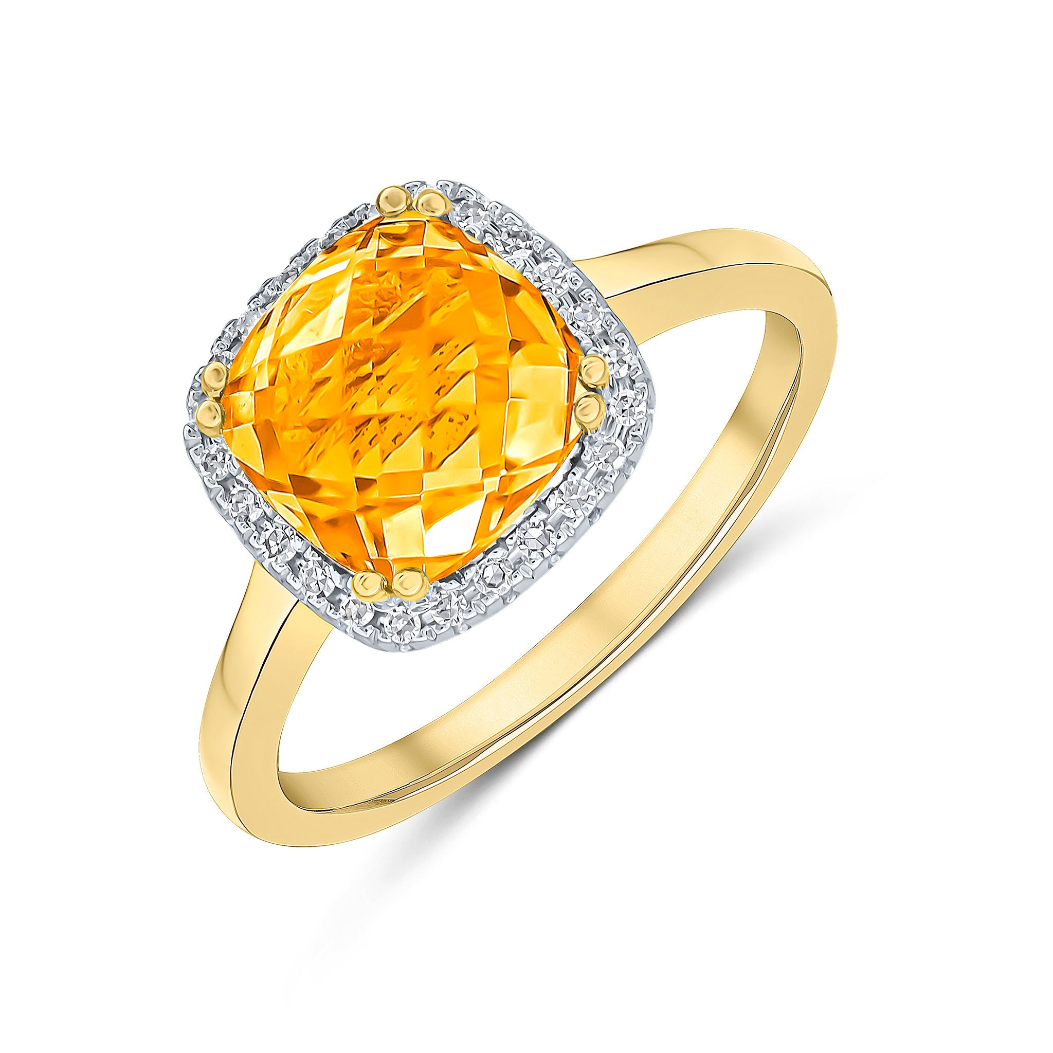 9ct Yellow Gold 8mm Checkerboard Cut Cushion Citrine and Round Diamond Claw Set Cluster Ring