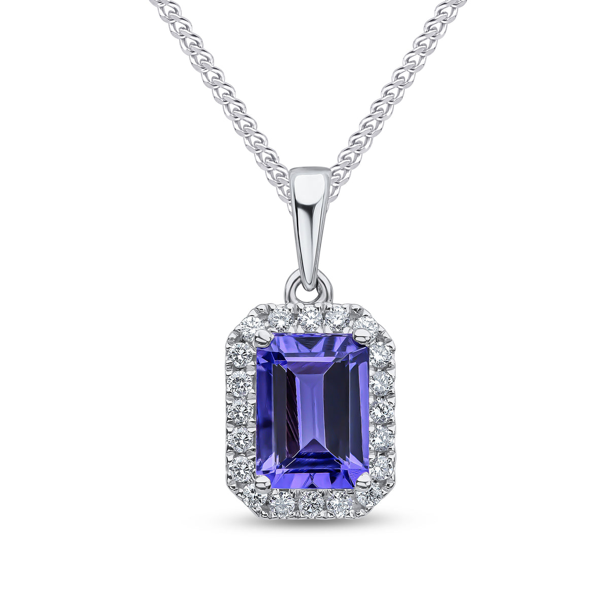 18ct White Gold 7x5 Octagon Tanzanite and Round Diamond Claw Set Cluster Pendant