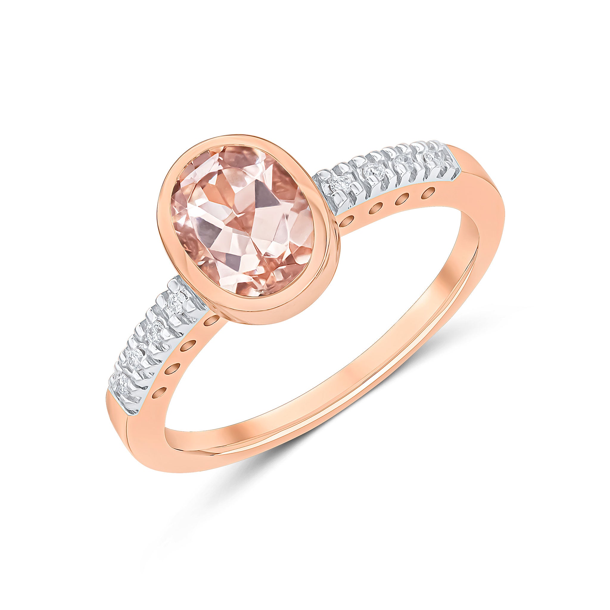 9CT RG RUBOVER 7X5 OVAL MORGANITE SINGLE STONE RING WITH CLAW SET DIAMOND SHOULDERS. RHODIUM TO DIAMONDS 1
