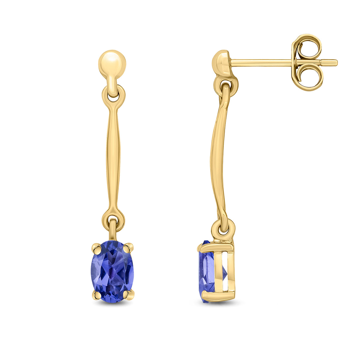 9ct Yellow Gold Claw Set 6x4mm Oval Tanzanite and Bar Drop Earrings