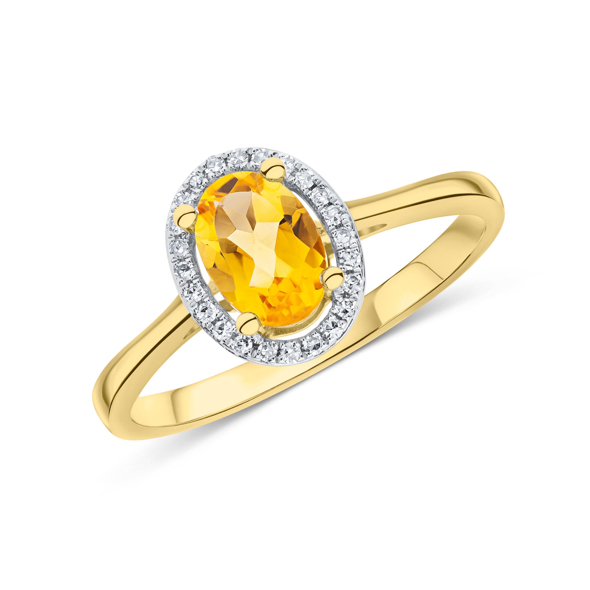 9ct Yellow Gold 7x5 Oval Citrine & Round Diamond Halo Cluster Ring Rhodium to Diamonds