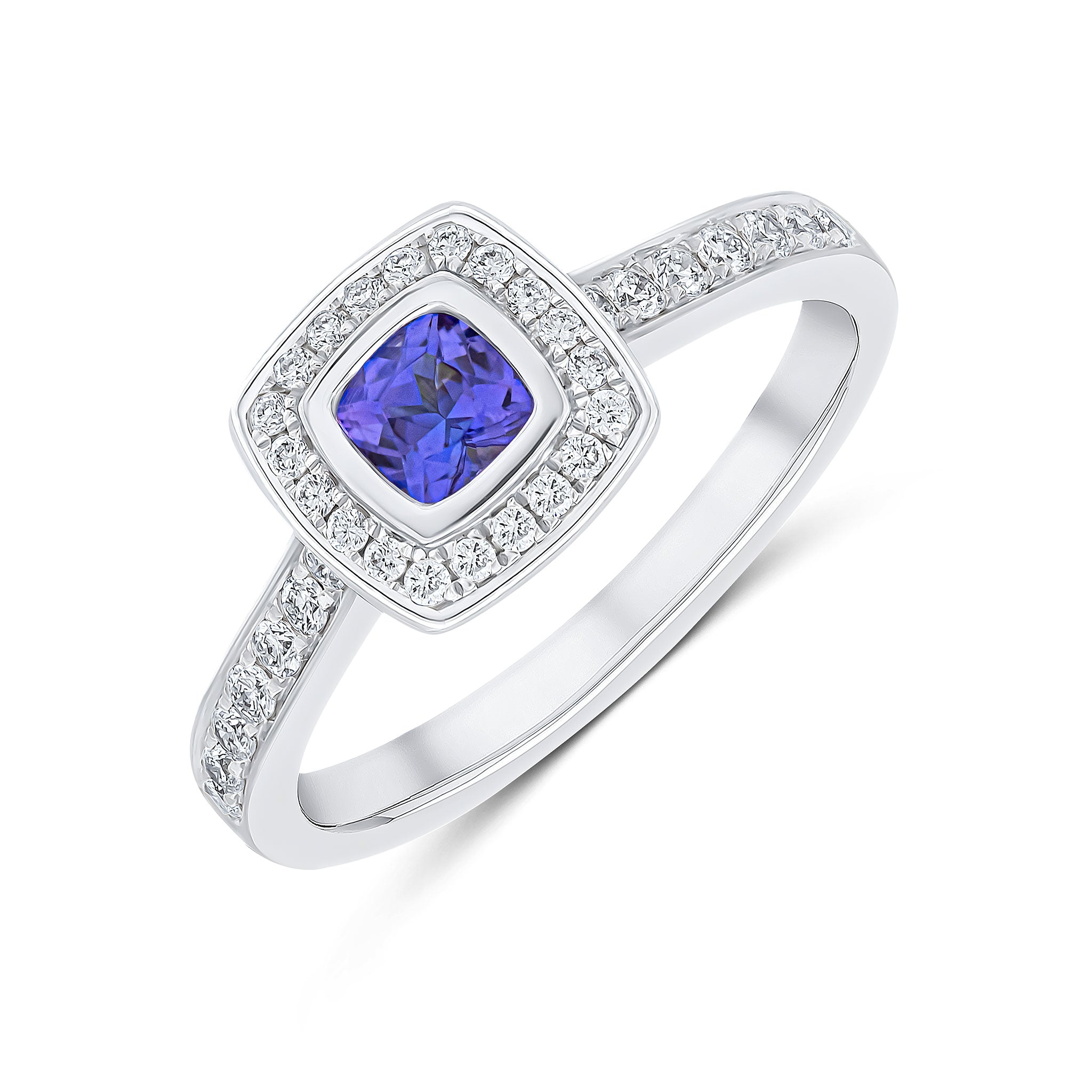 18ct White Gold Rubover Cushion Tanzanite & Grain Set Diamond Cluster Ring Stones On Shoulder