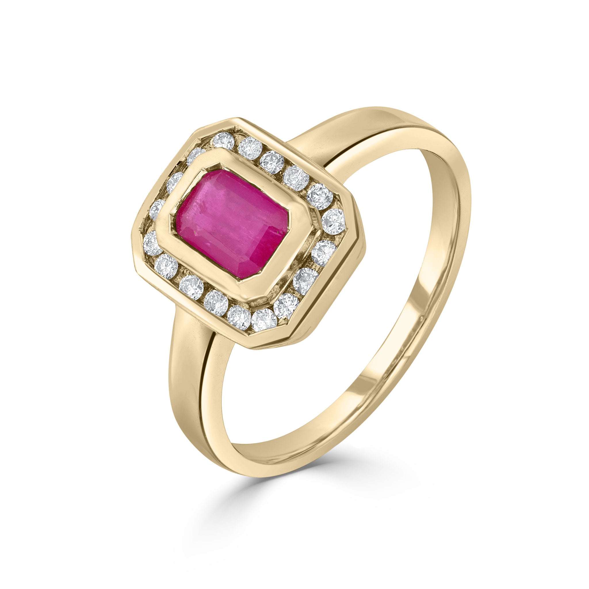 9ct Yellow Gold Rubover 6x4 Octagon Ruby & Channel Set Diamond Cluster Ring