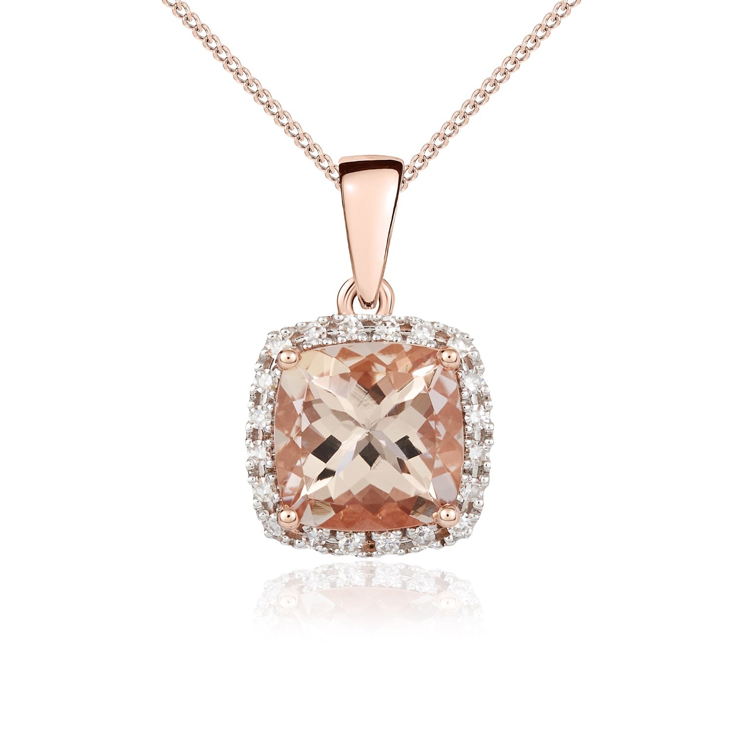 9ct Rose Gold 8mm Cushion Morganite and Round Diamond Claw Cluster Pendant Rhodium to Diamonds