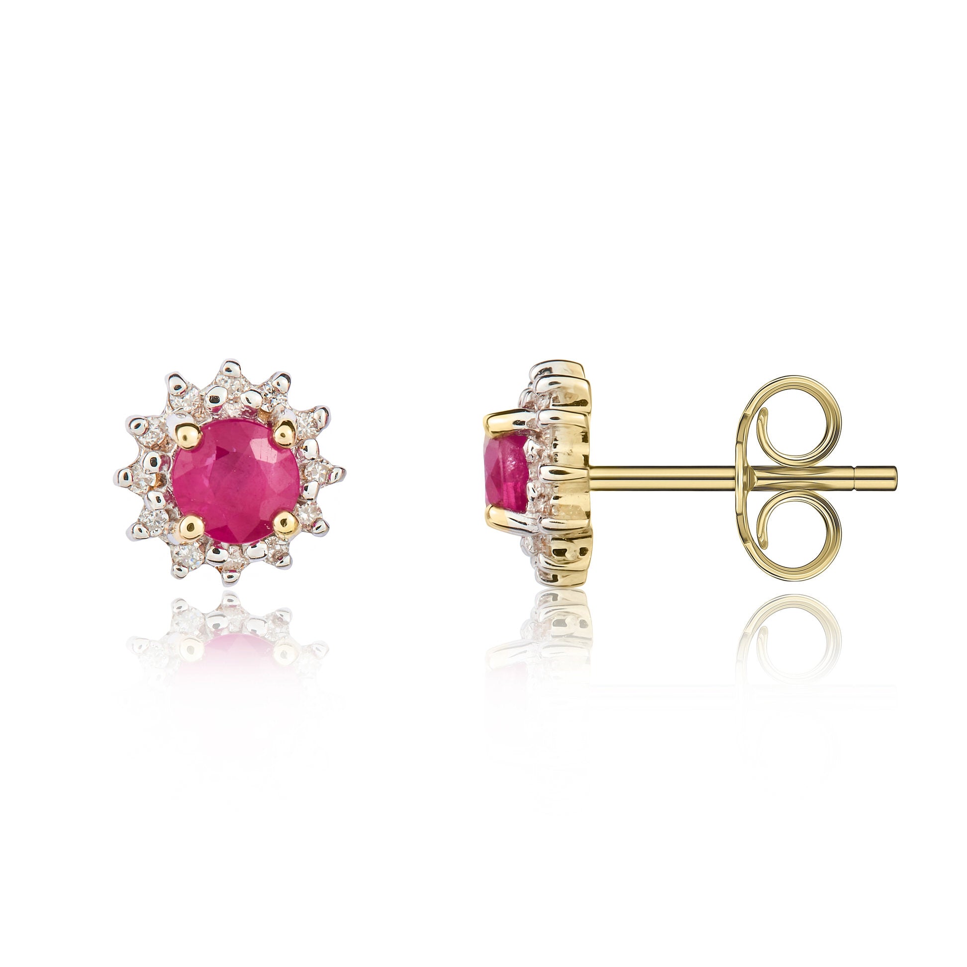 9ct Yellow Gold 4mm Round Ruby and Diamond Claw Cluster Earrings Rhodium to Diamonds