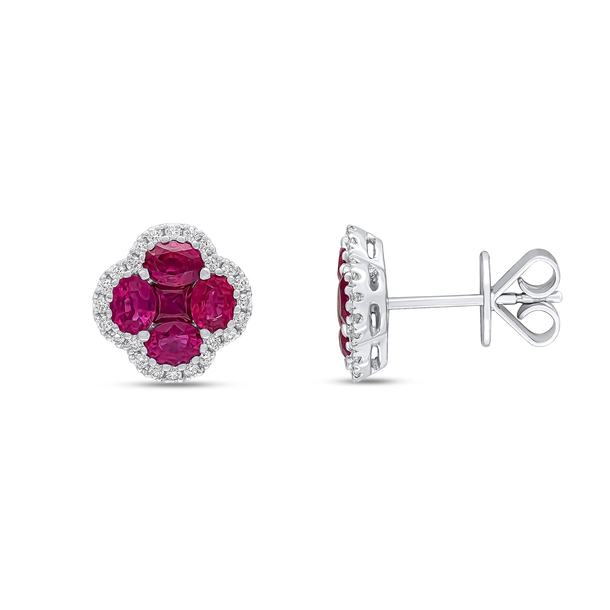 18ct White Gold Oval and Square Ruby and Diamond Claw Set Quatrefoil Stud Earrings