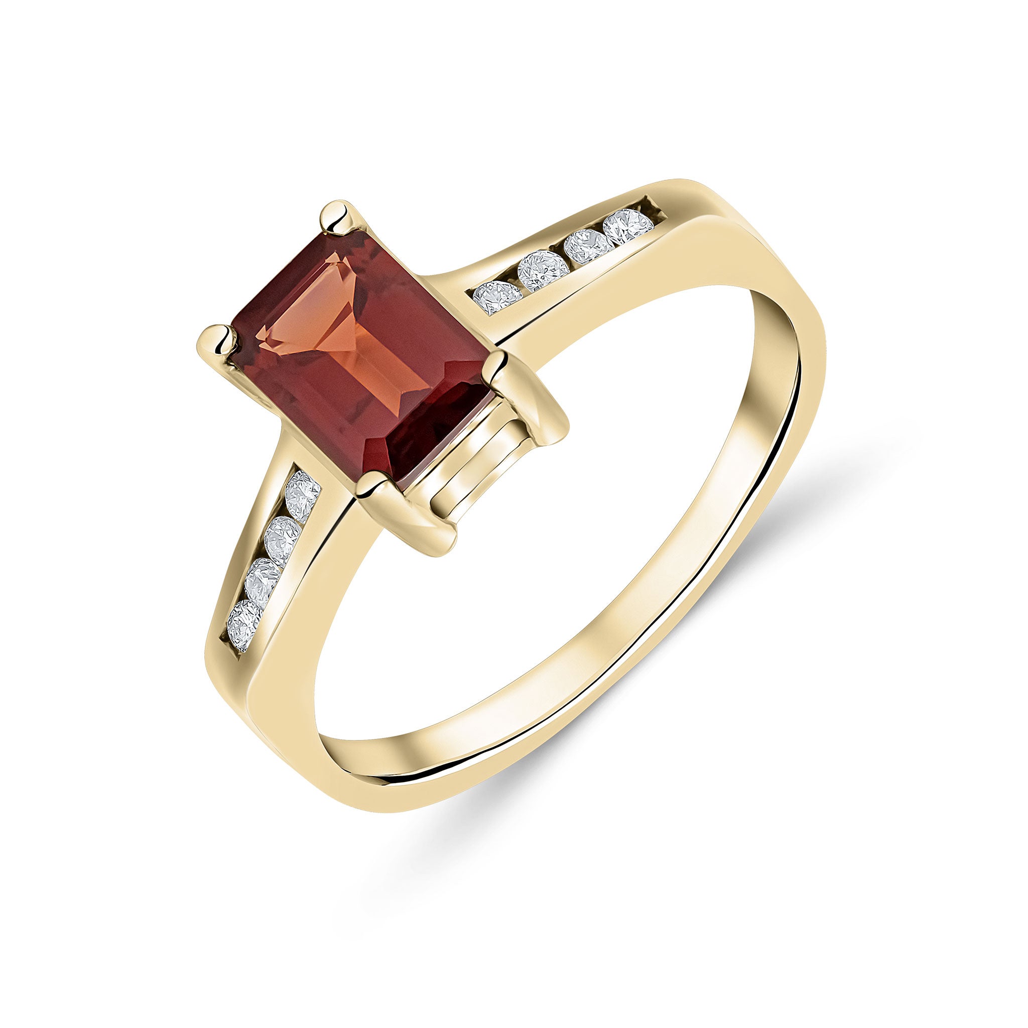 9ct Yellow Gold 7x5 Octagon Garnet Claw Set Single Stone Ring with Channel Set Diamond Shoulders