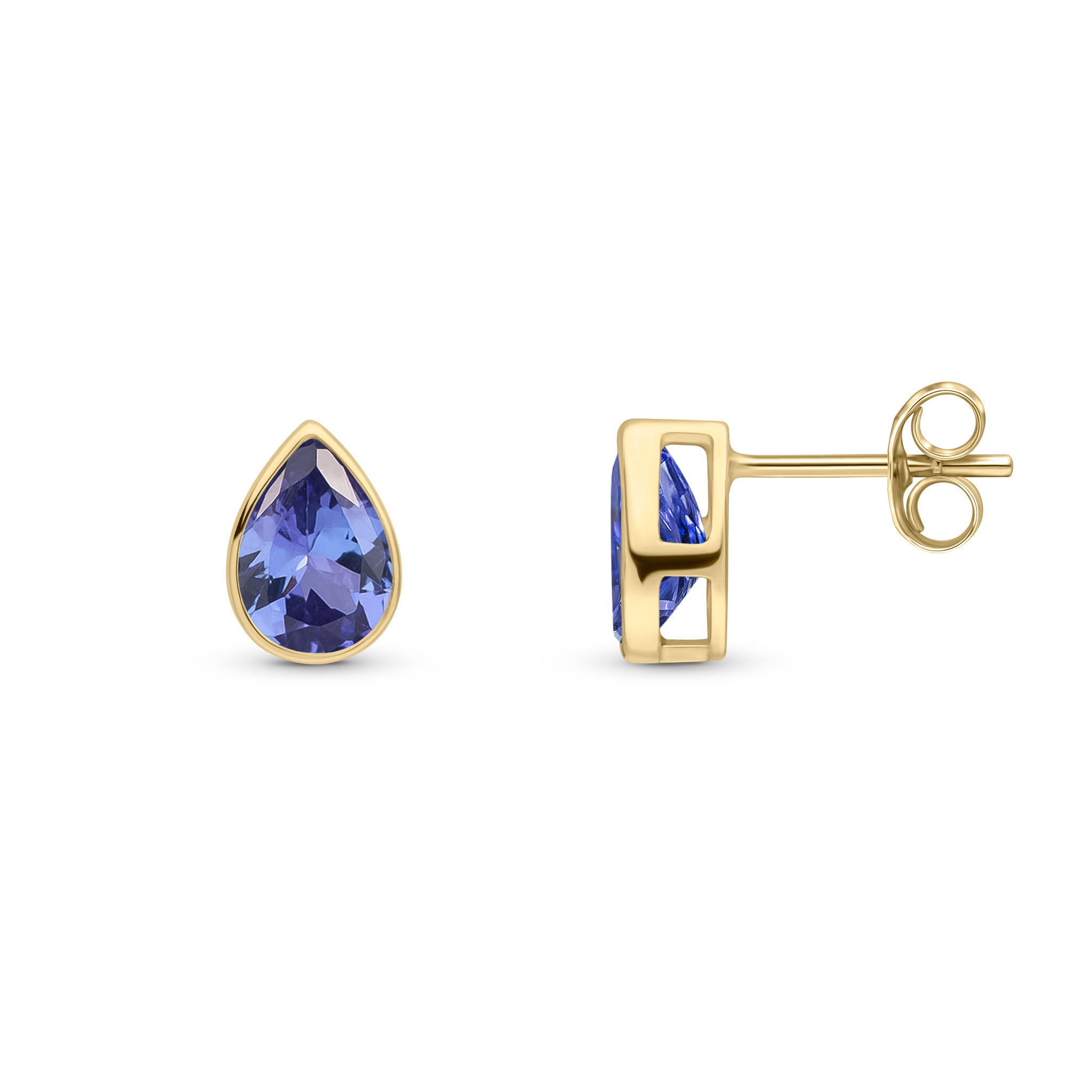 9ct Yellow Gold 7x5 Pear Shape Tanzanite Rubover Set Earrings