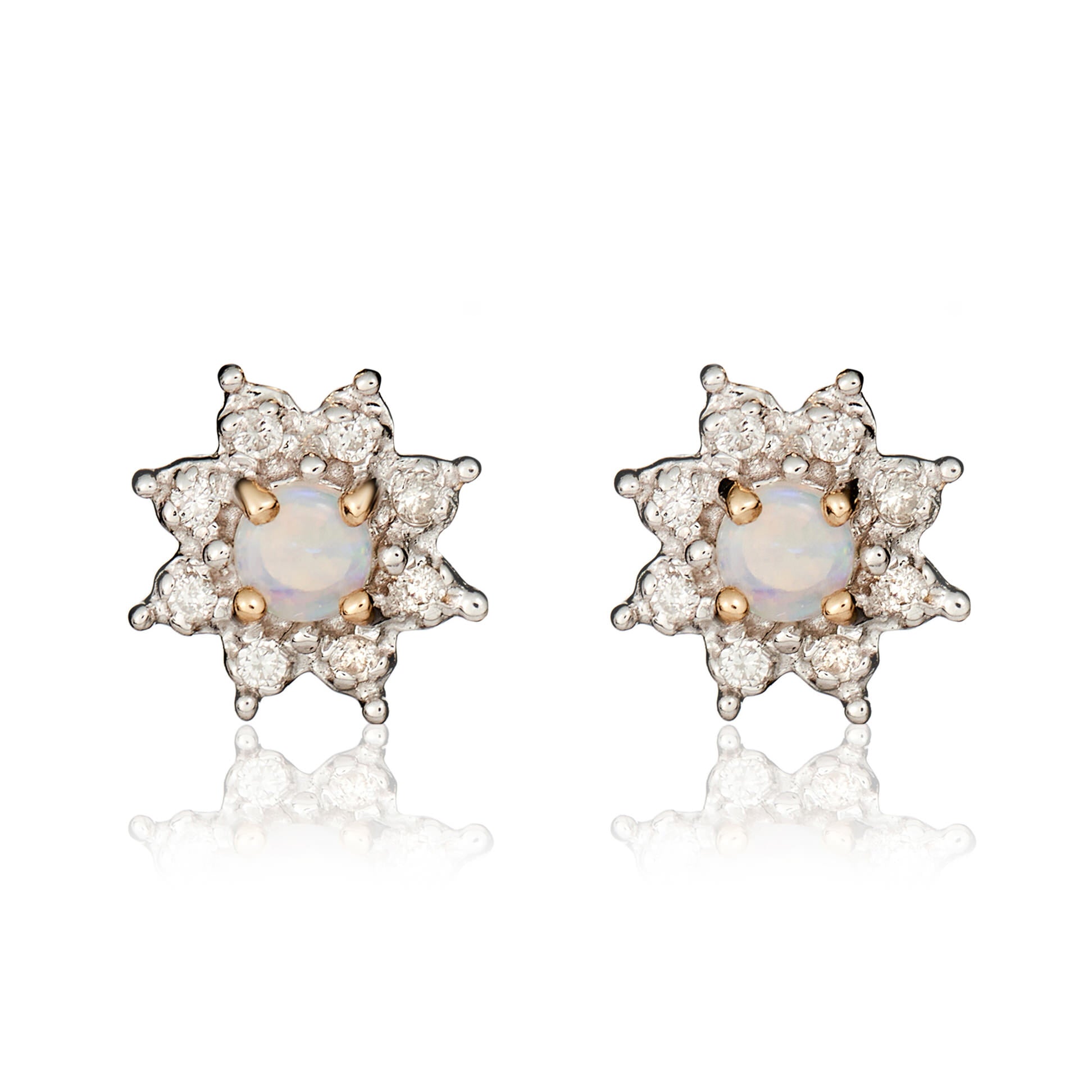9ct Yellow Gold Round Opal and Diamond Claw Cluster Earrings