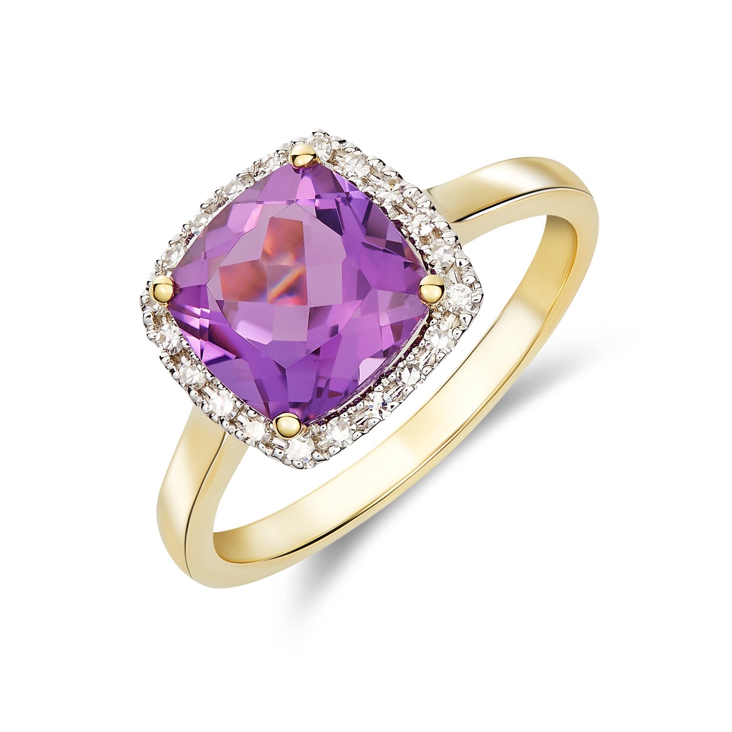 9CT YG 8MM CUSHION AMETHYST AND ROUND DIAMOND CLAW SET CLUSTER RING. RHODIUM TO DIAMONDS 1
