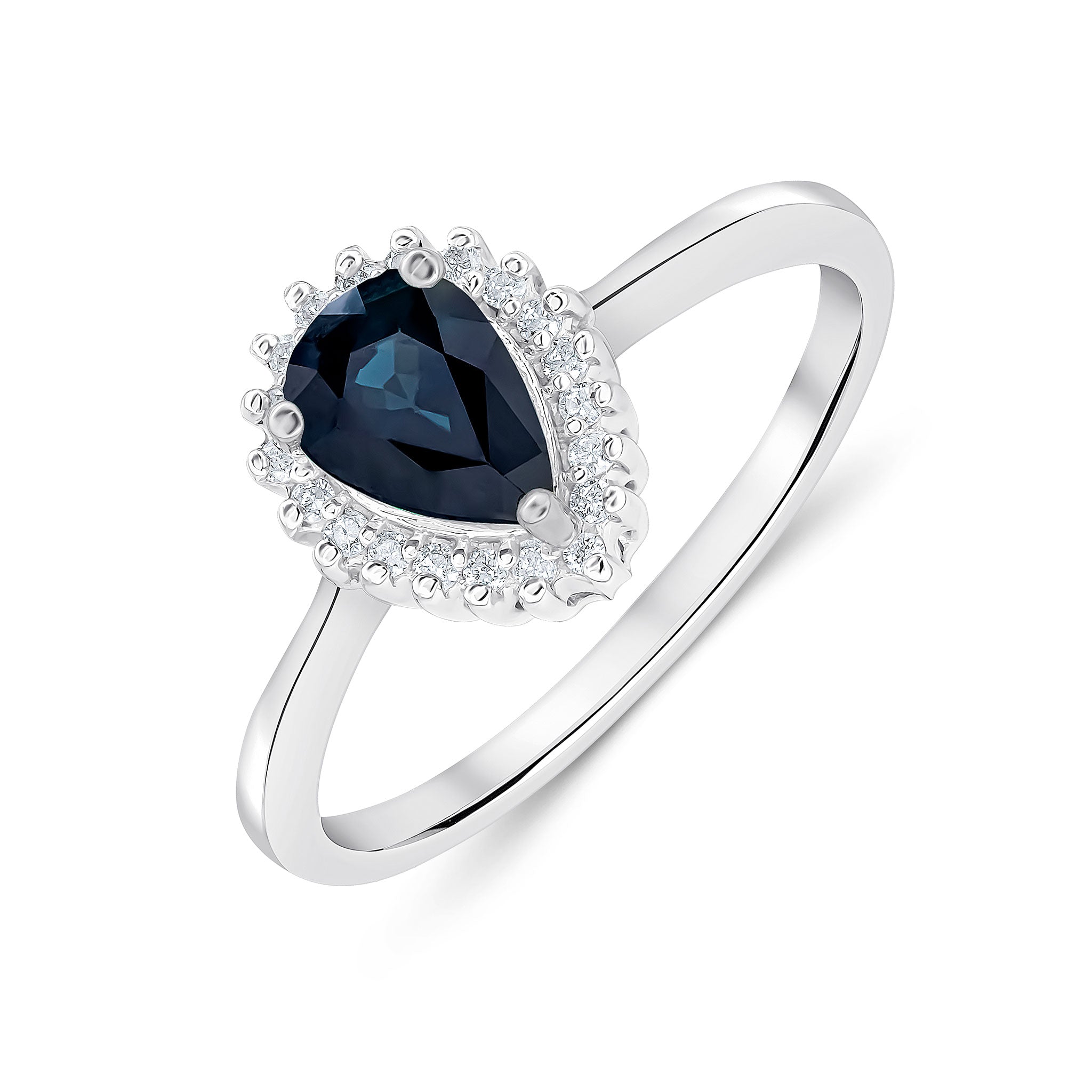 9CT WG 7X5MM PEARSHAPE SAPPHIRE & DIAMOND CLAW SET CLUSTER RING 1