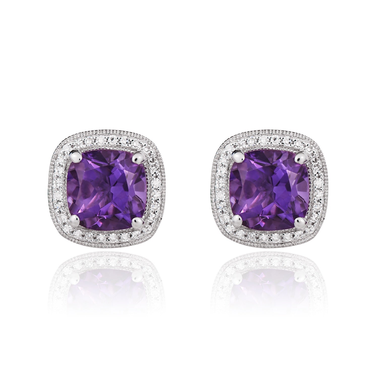 9ct White Gold 7mm Cushion Amethyst and Diamond Cluster Earrings with Milgrain Edge