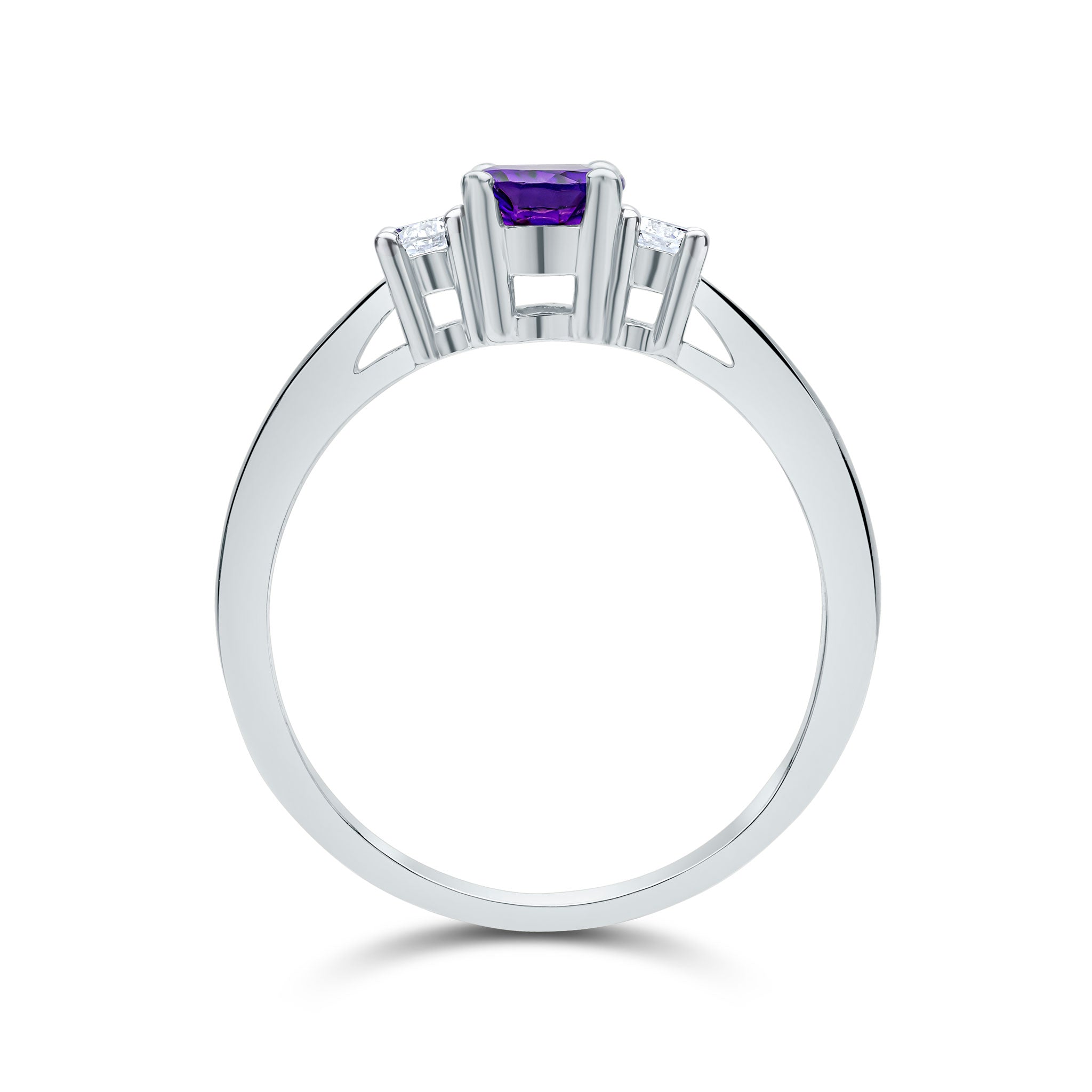 9CT WG 7X5 OVAL AMETHYST AND ROUND DIAMOND CLAW SET 3ST RING 1