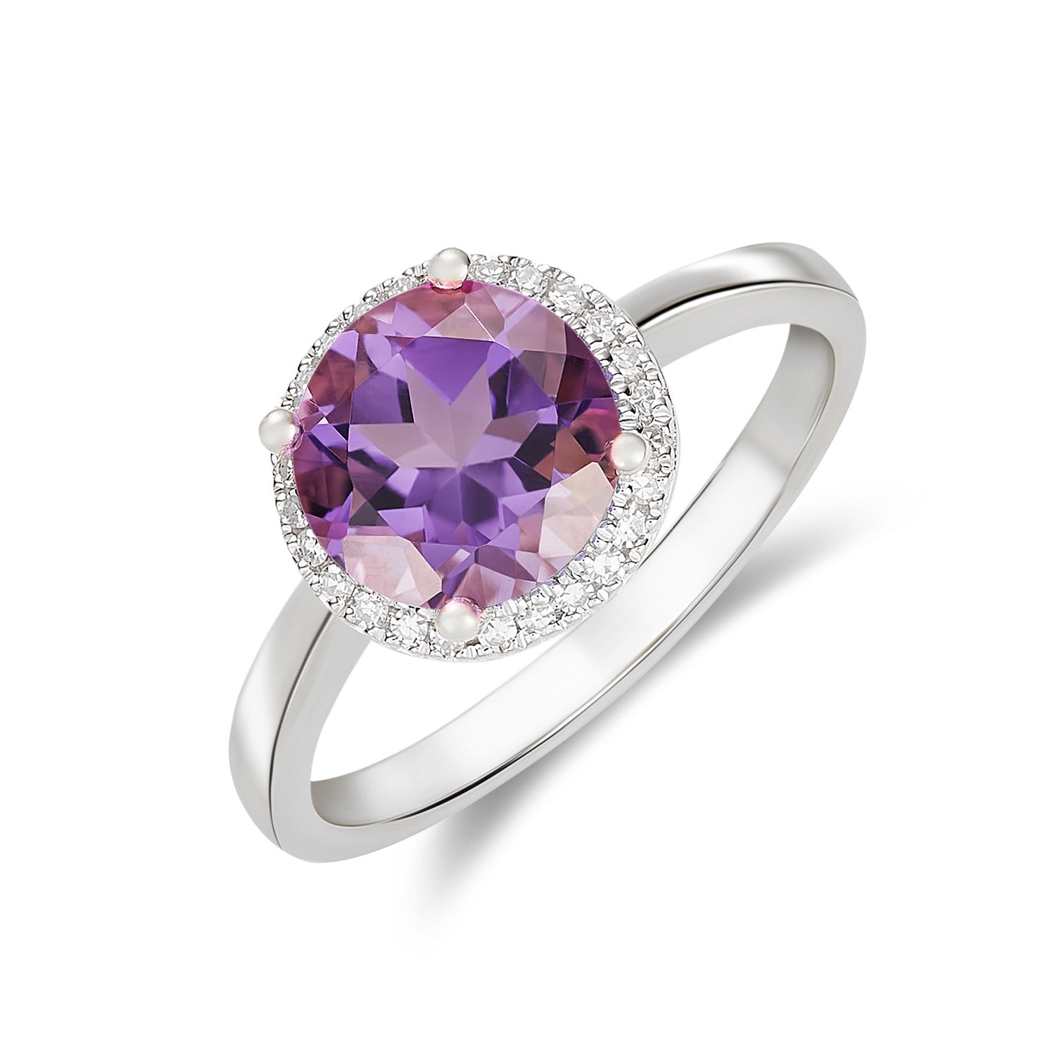 9CT WG 8MM ROUND AMETHYST AND DIAMOND CLAW CLUSTER RING 1