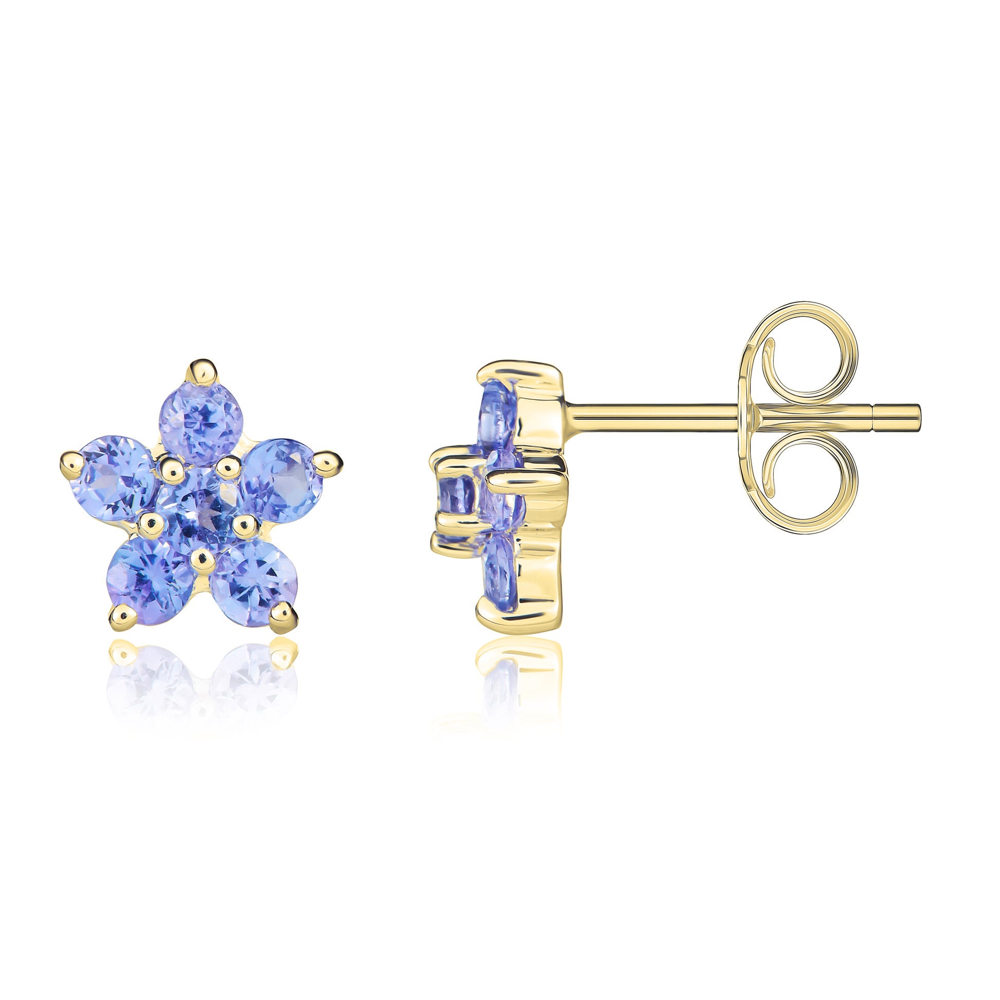 9ct Yellow Gold 5x1 Round Tanzanite Claw Set Cluster Earrings