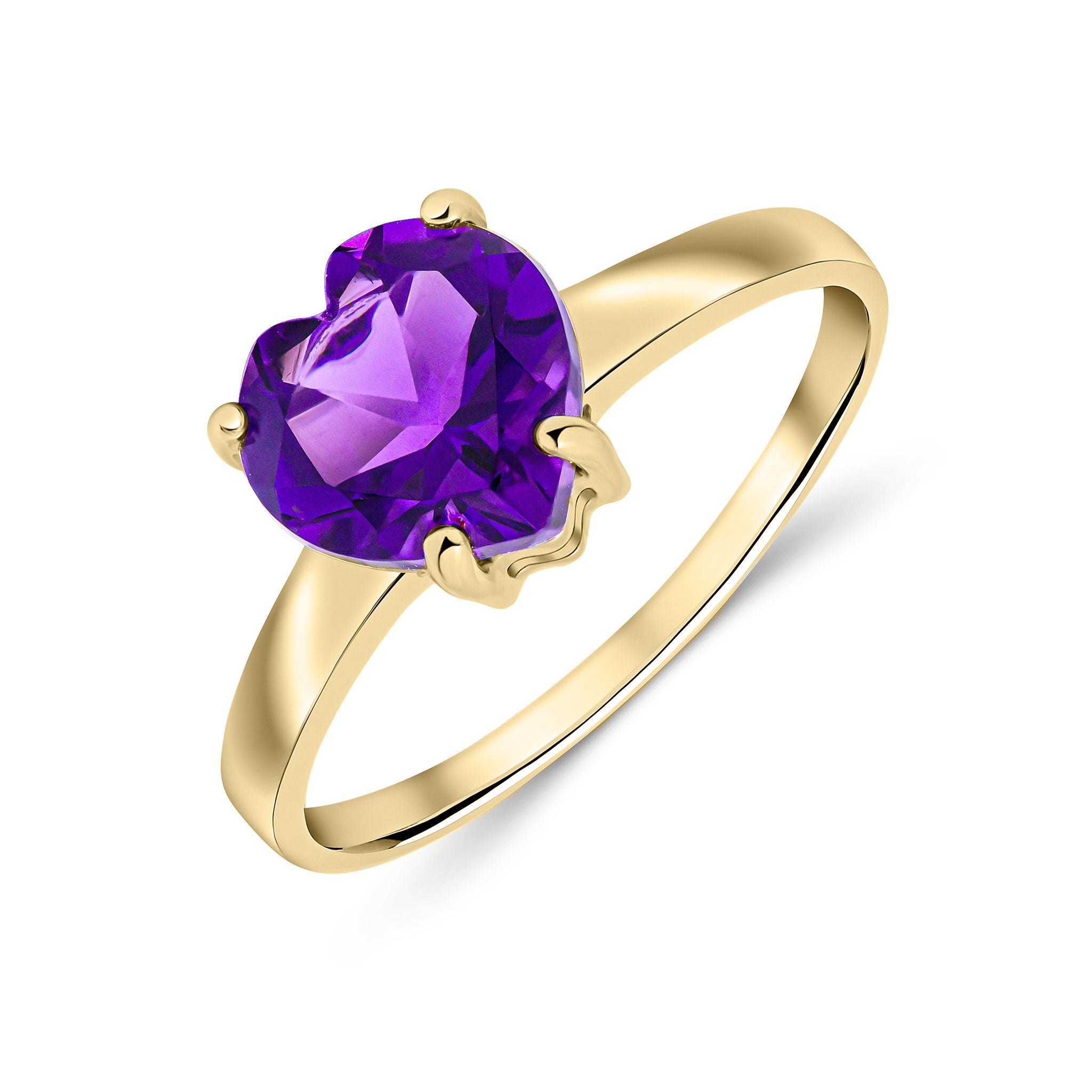 9ct Yellow Gold 8mm Heart Amethyst Claw Set Single Stone Ring